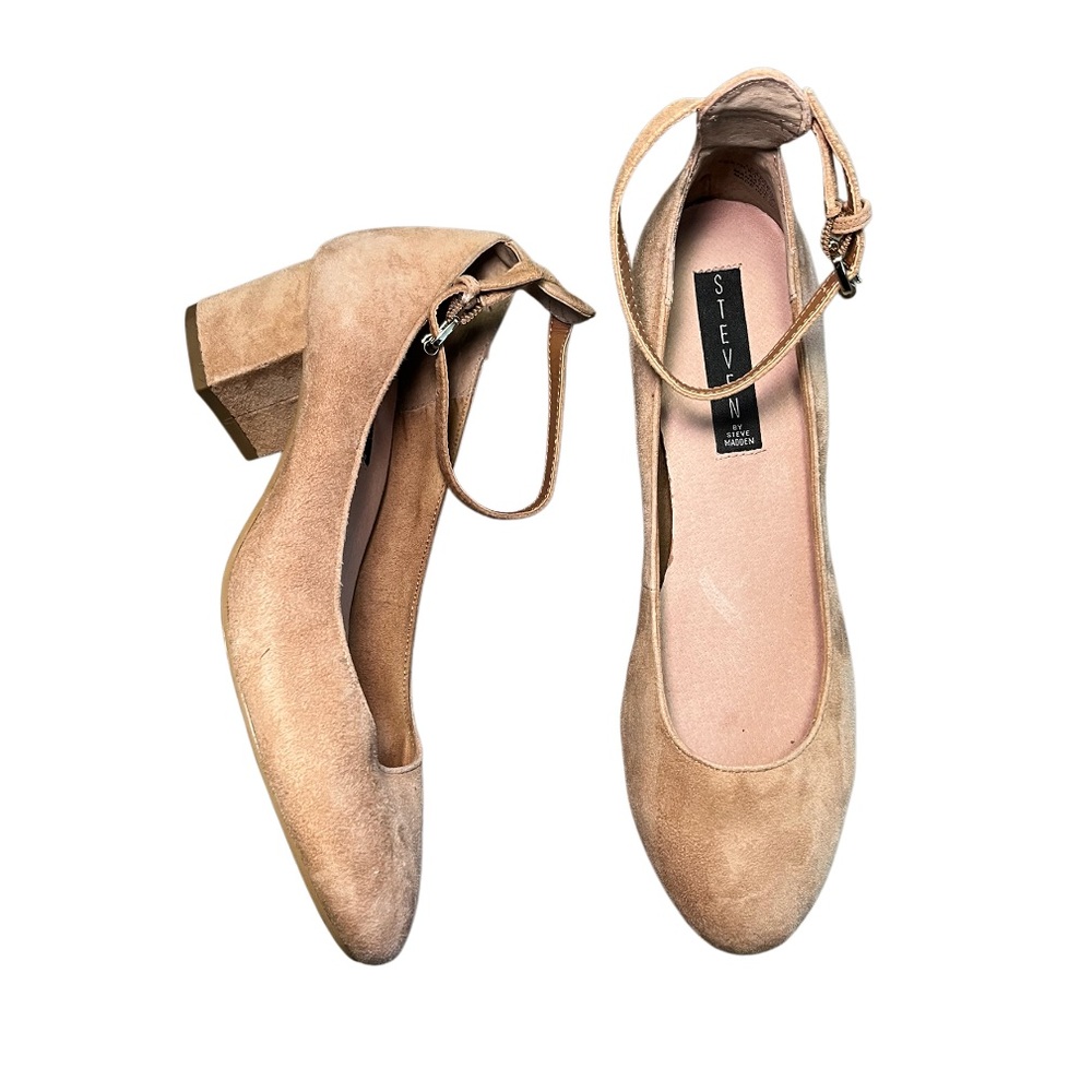 Steve Madden Vassie Ankle Strap Pump Tan Block Heels Size 8 Women’s Event Party